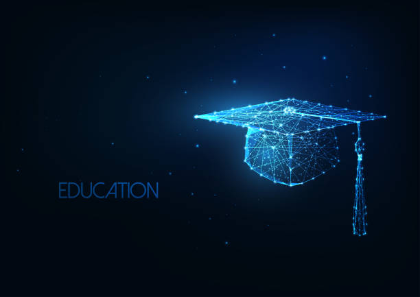 Futuristic education concept with glowing low polygonal graduation hat on dark blue background. Futuristic education concept with glowing low polygonal graduation hat isolated on dark blue background. Academic study, online learning banner. Modern wire frame mesh design vector illustration. the future of learning stock illustrations